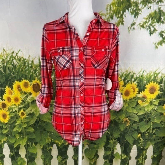 MILK & HONEY Red Plaid Button Down Top Small - Picture 8 of 14